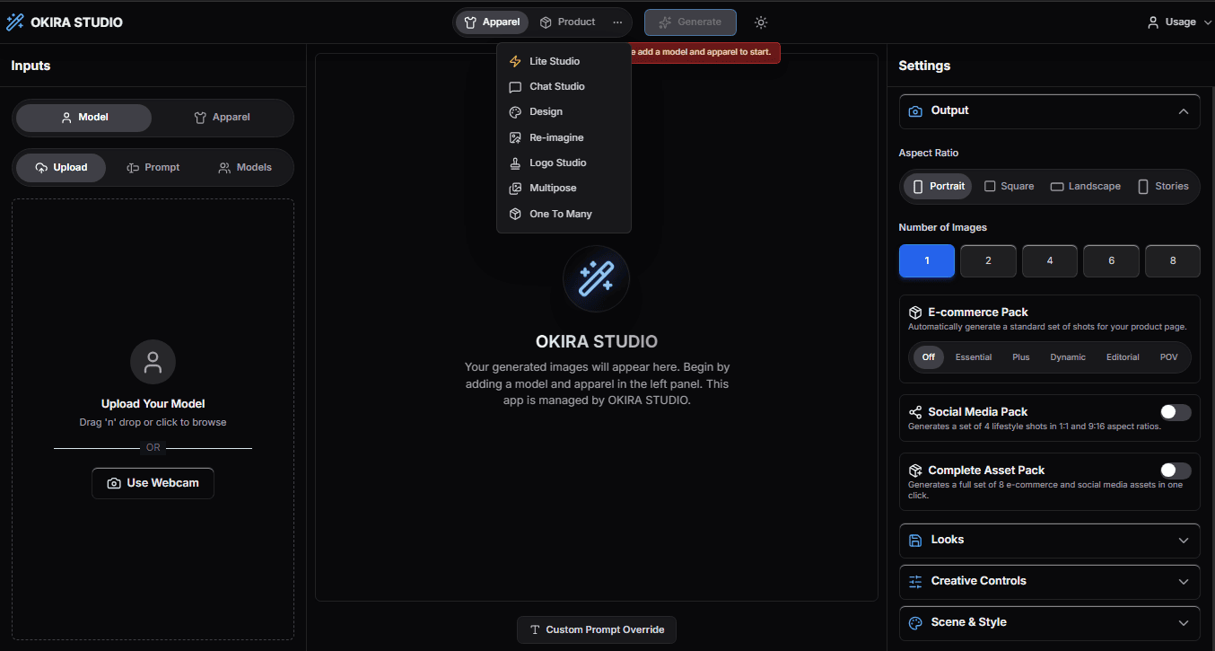 OKIRA Studio web app