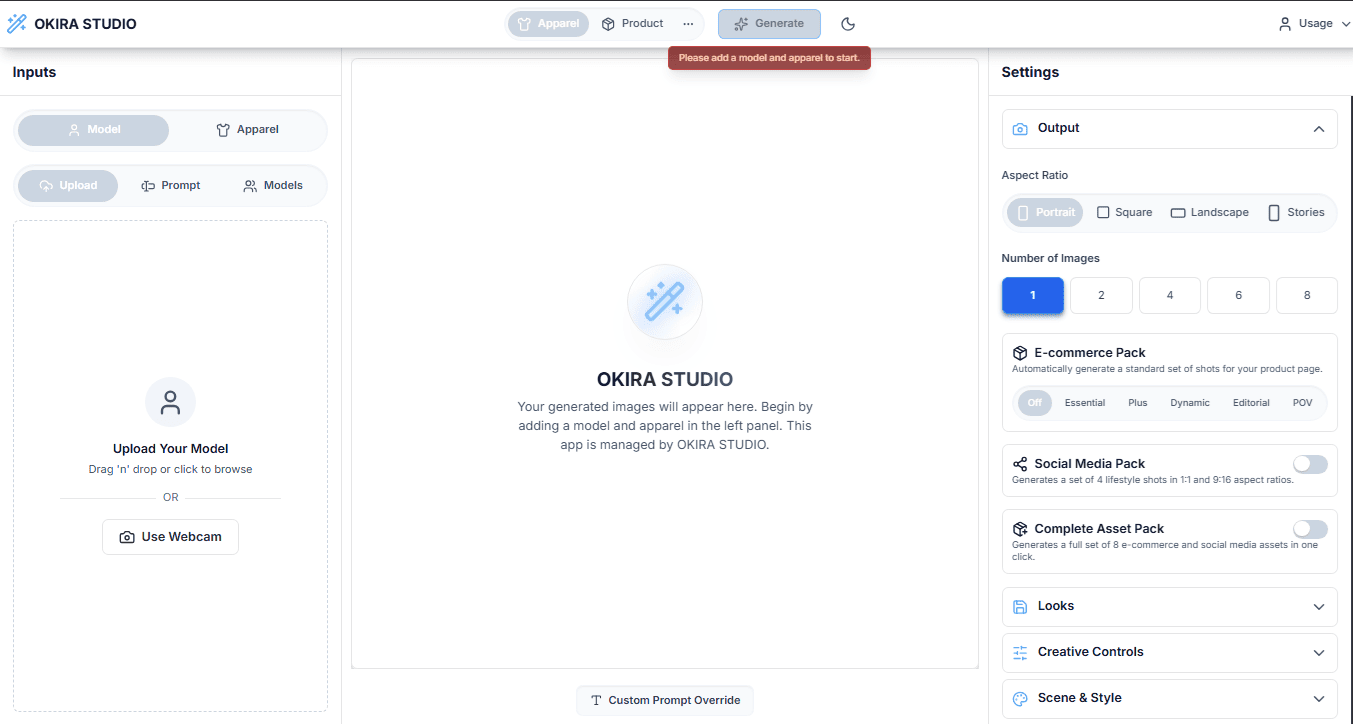 OKIRA Studio web app